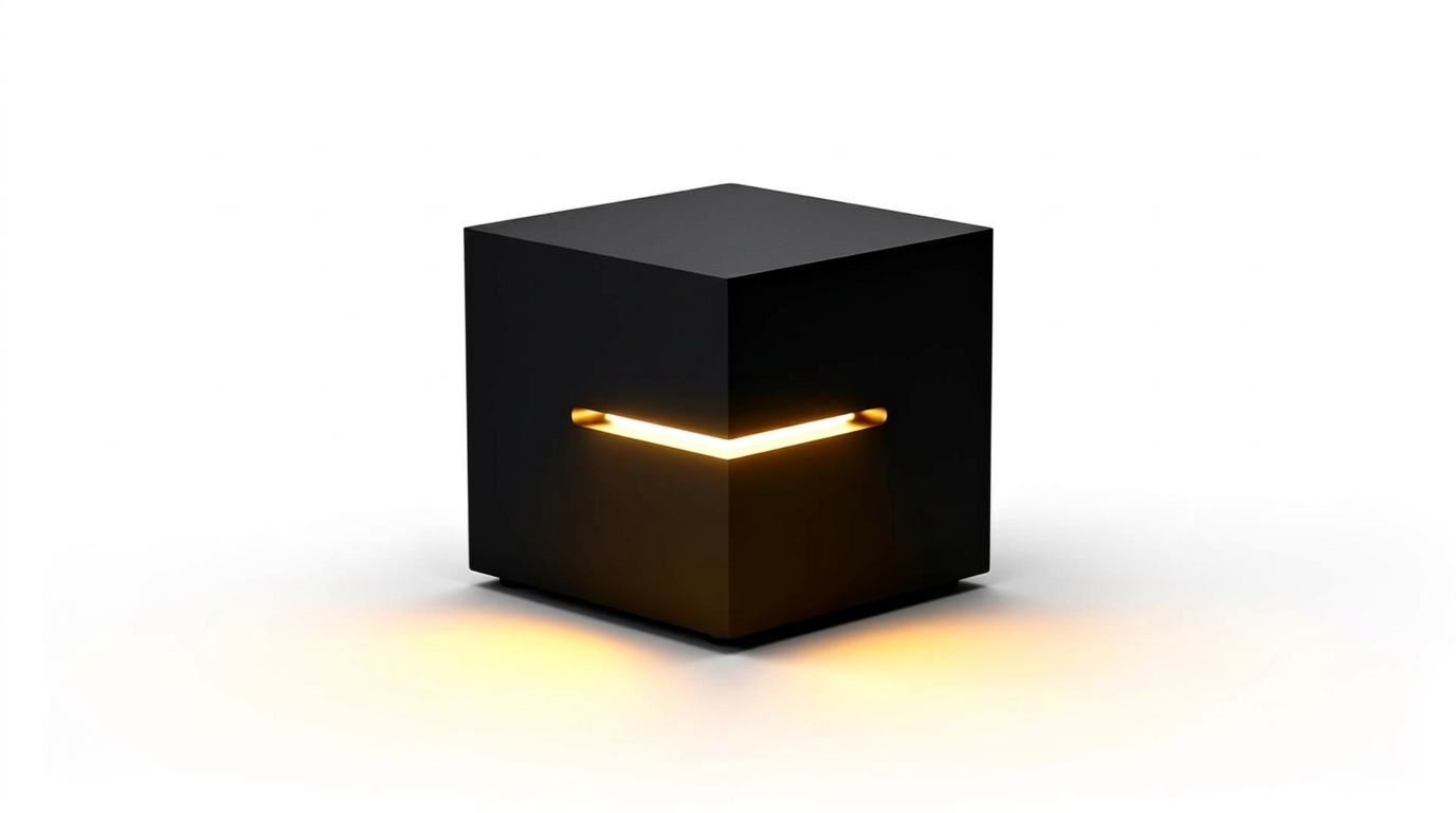 Verschlossene schwarze Box, aus deren Spalt warmes goldenes Licht dringt — Symbol für vertraulich gesammelte Beiträge.